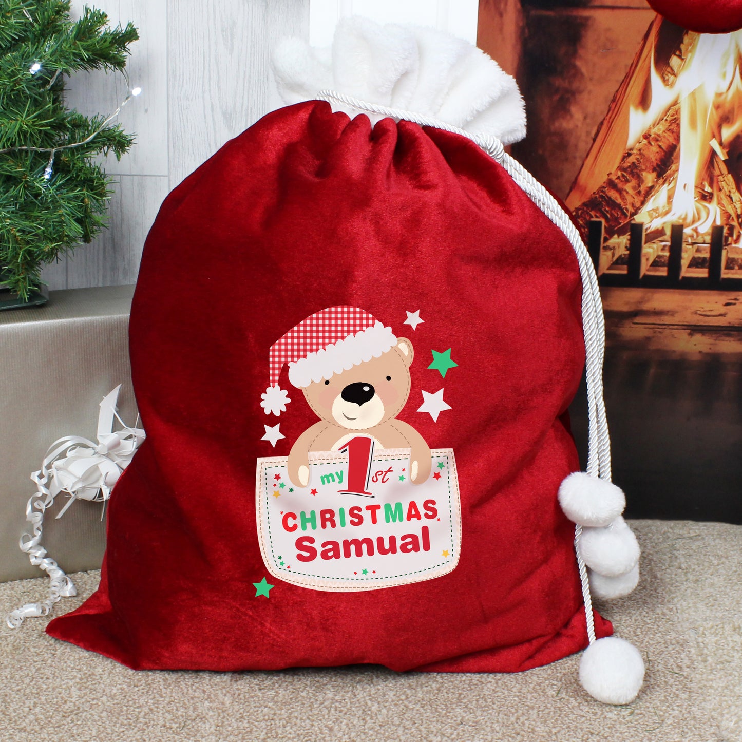 Personalised Pocket Teddy My 1st Christmas Luxury Pom Pom Red Sack