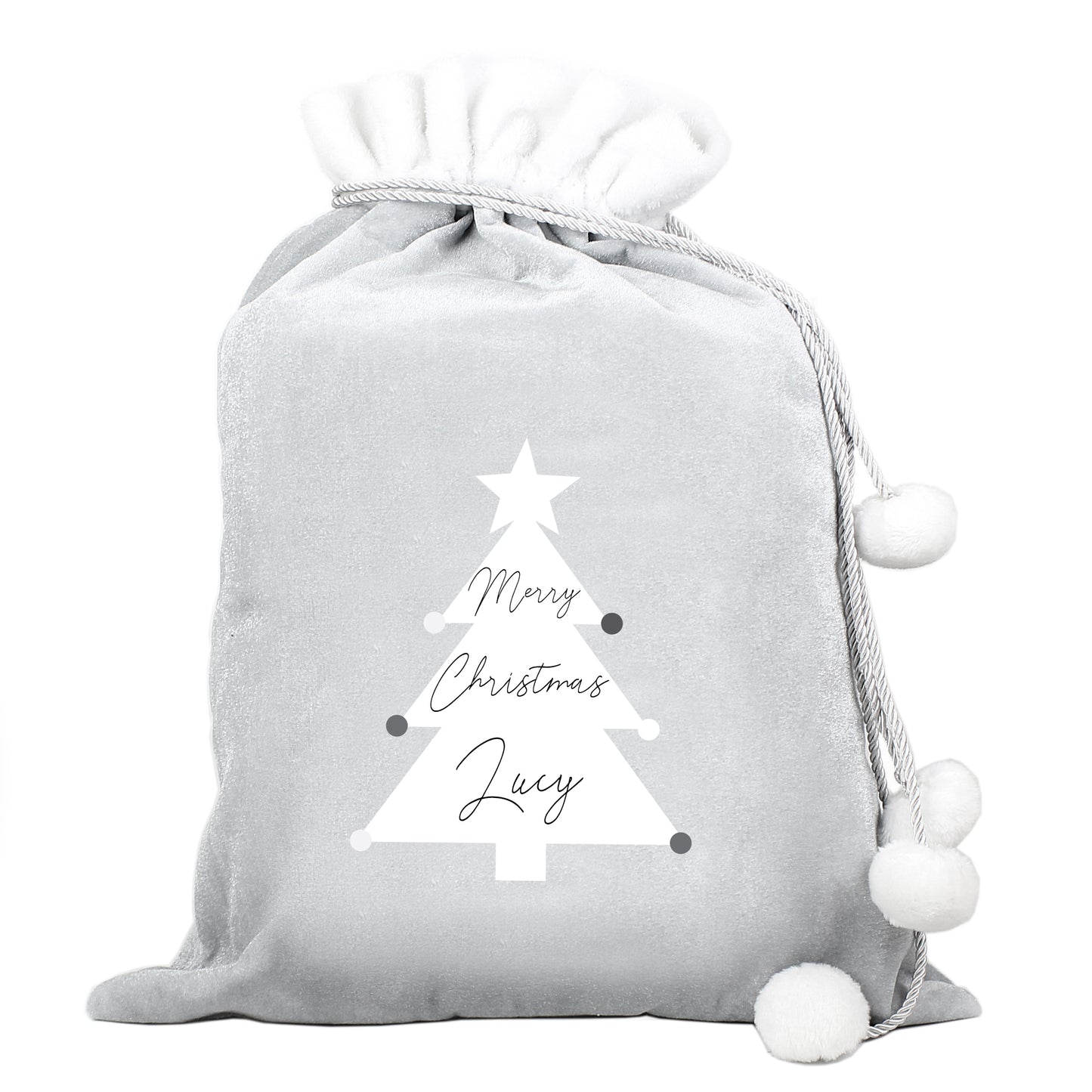 Personalised Christmas Tree Luxury Silver Grey Pom Pom Sack