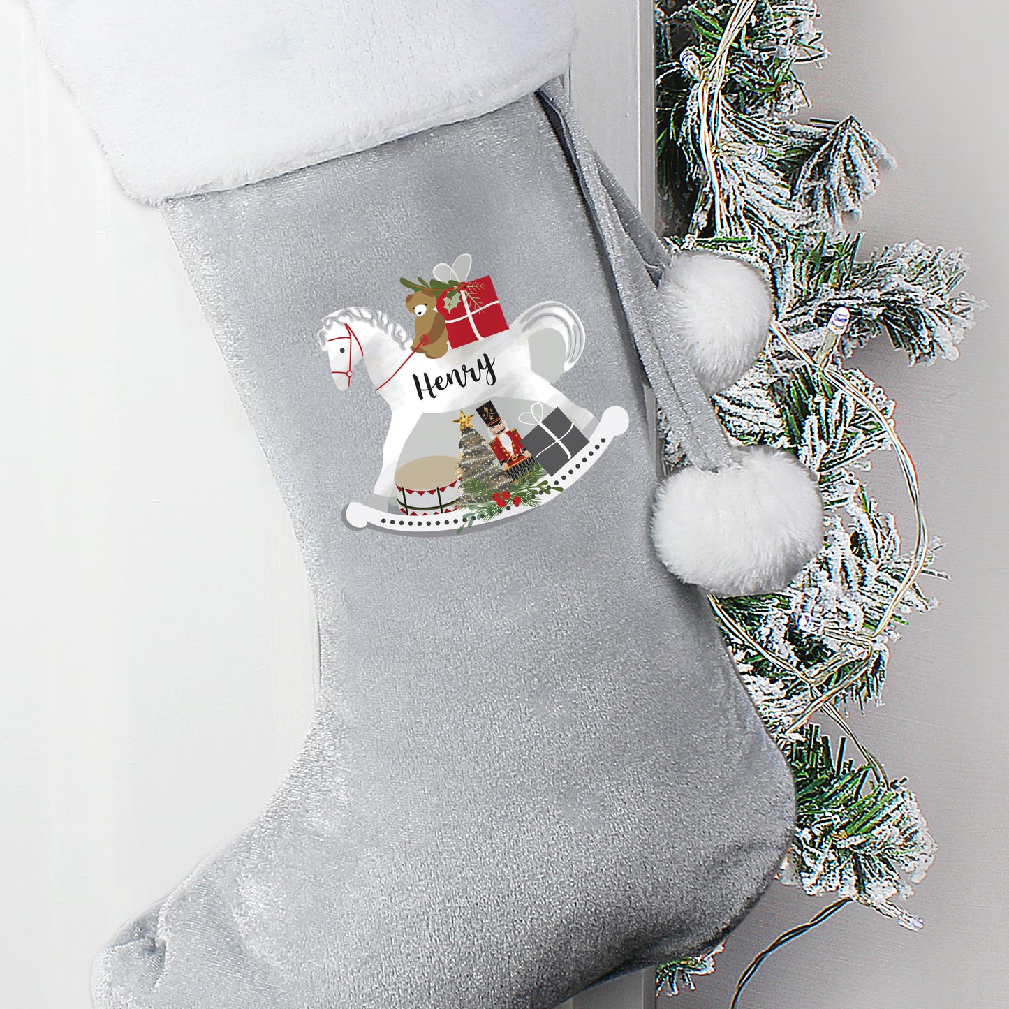 Personalised Rocking Horse Luxury Silver Grey Stocking