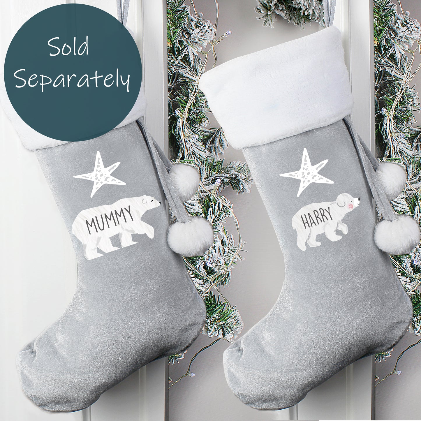 Personalised Polar Bear Luxury Silver Grey Stocking