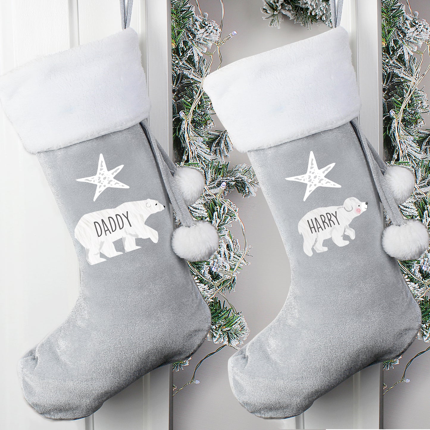 Personalised Baby Polar Bear Luxury Silver Grey Stocking