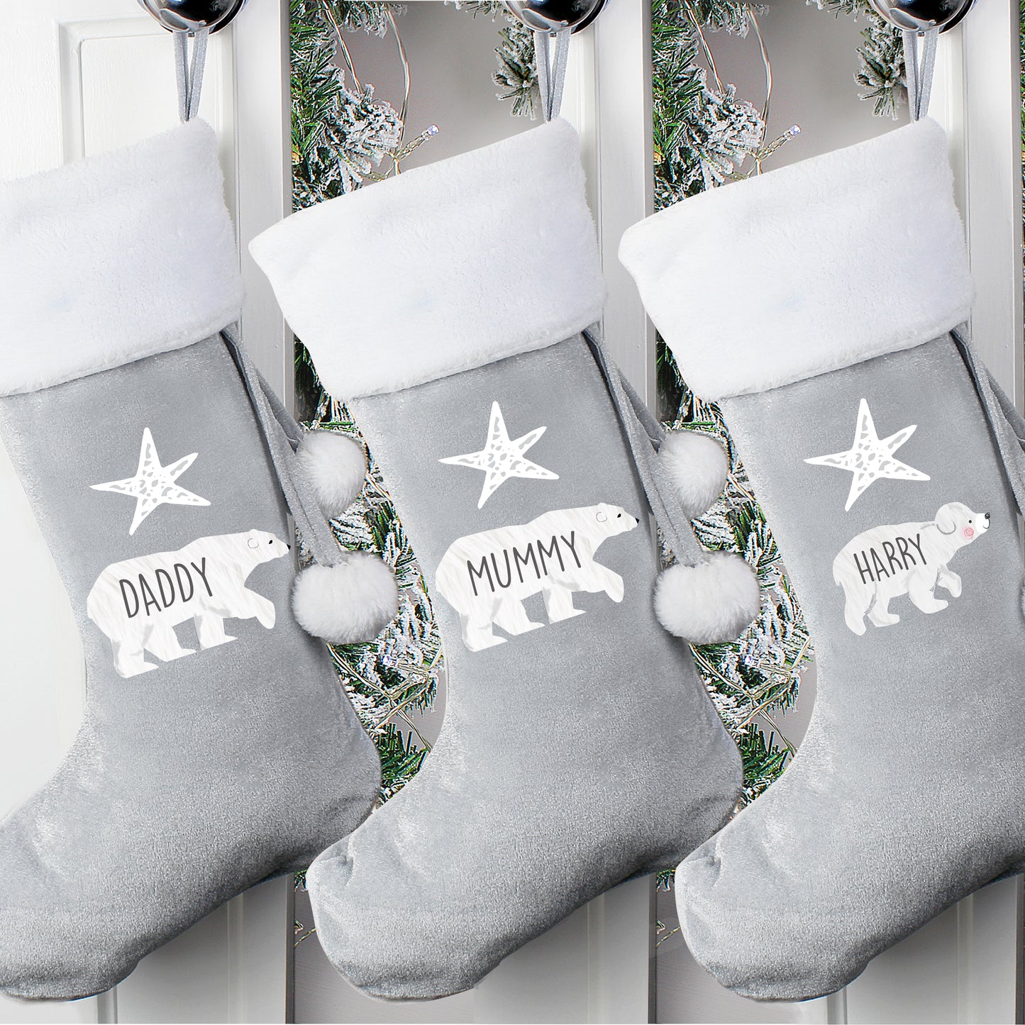 Personalised Baby Polar Bear Luxury Silver Grey Stocking