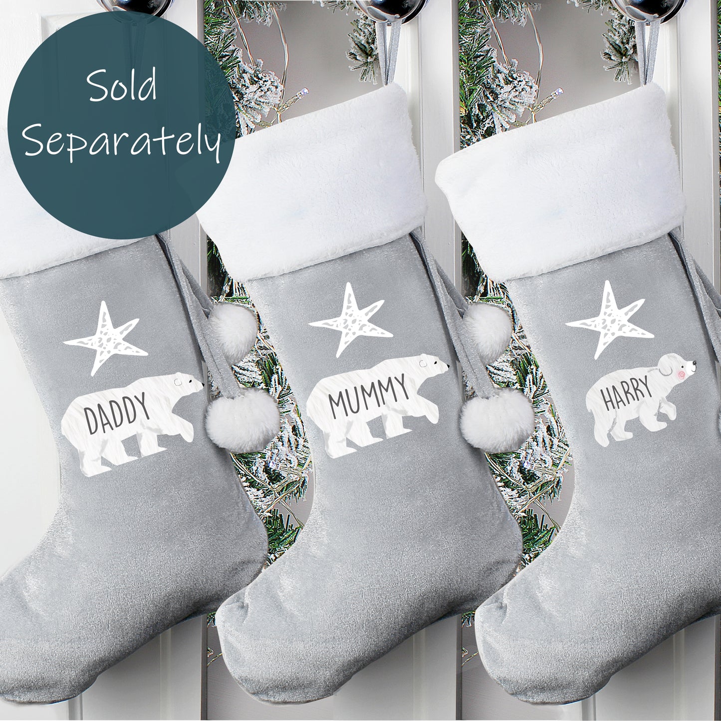 Personalised Baby Polar Bear Luxury Silver Grey Stocking