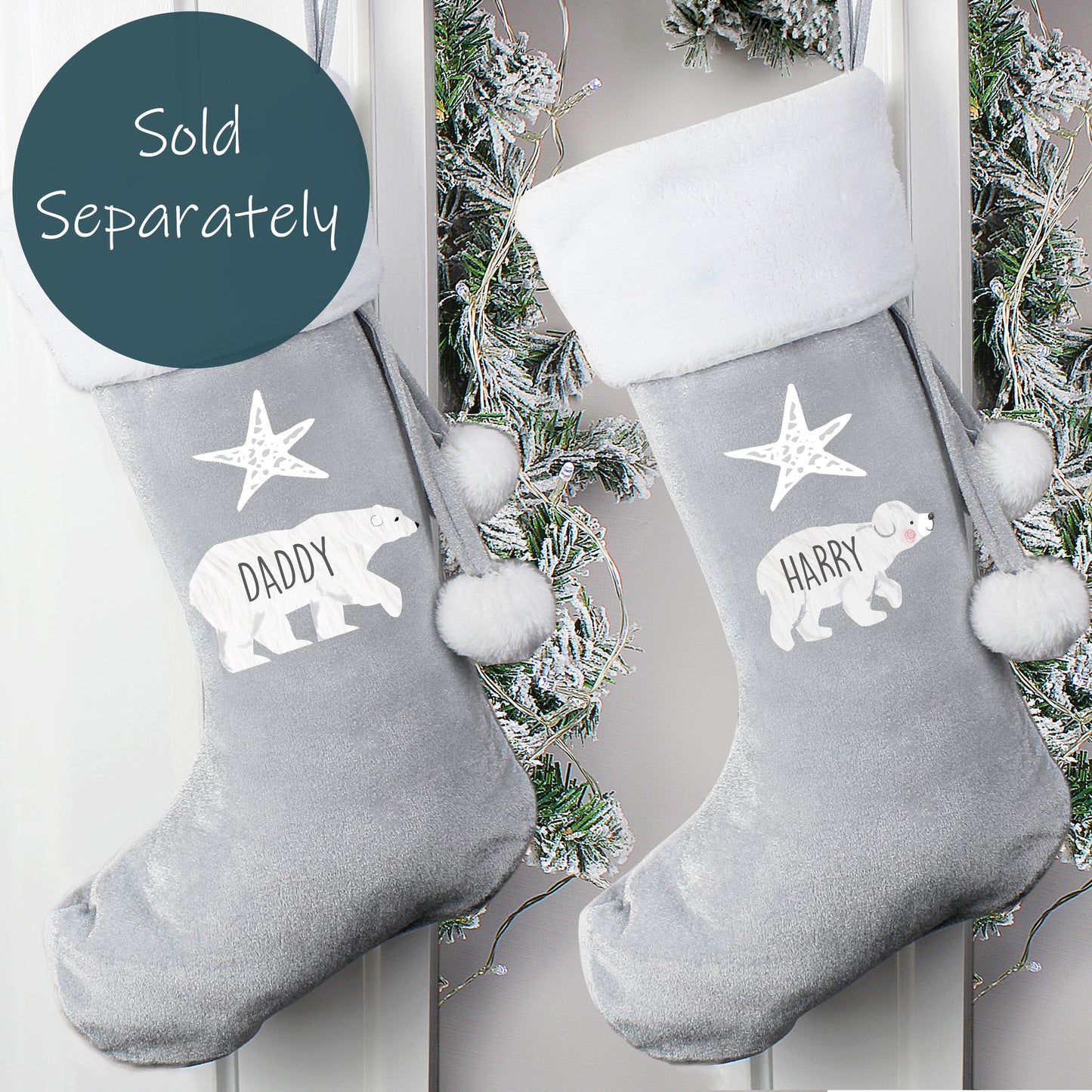 Personalised Baby Polar Bear Luxury Silver Grey Stocking