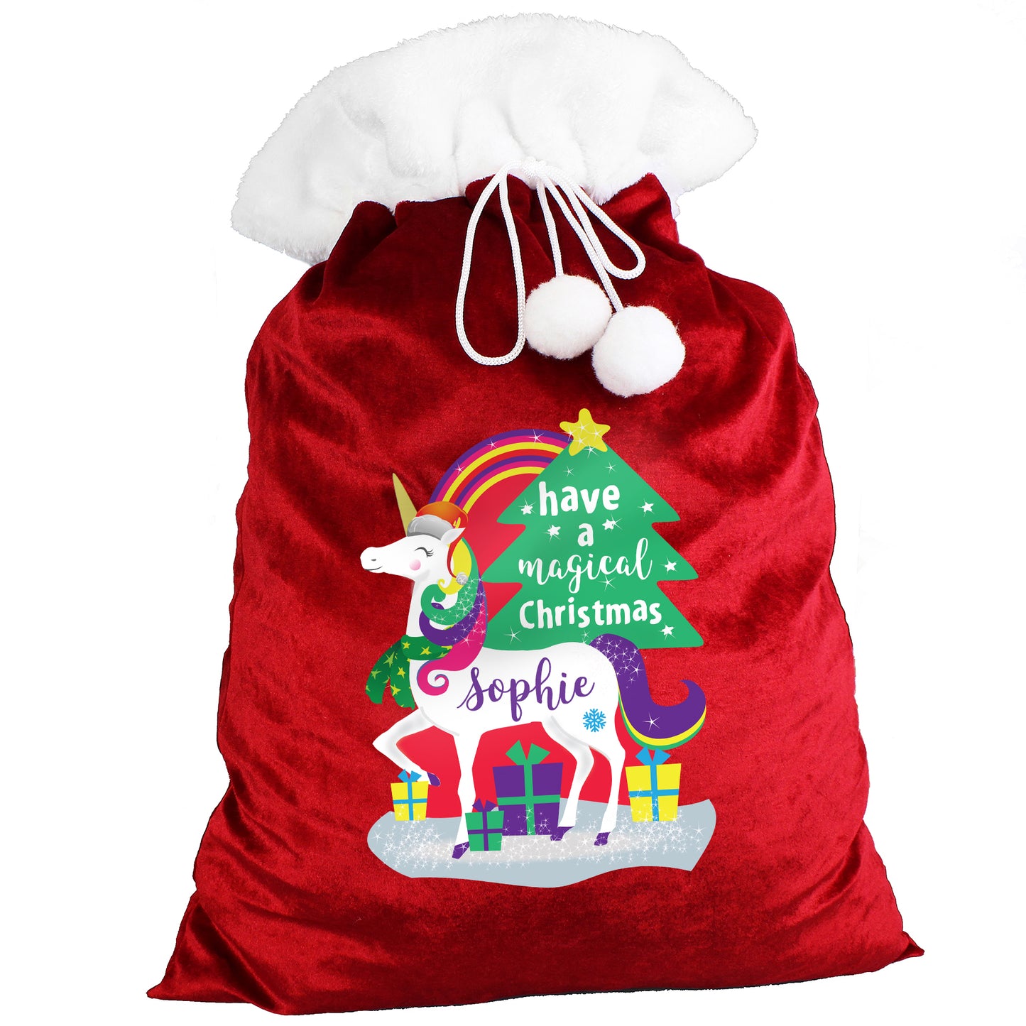 Personalised Christmas Unicorn Luxury Pom Pom Red Sack