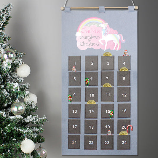 Personalised Christmas Unicorn Advent Calendar In Silver Grey