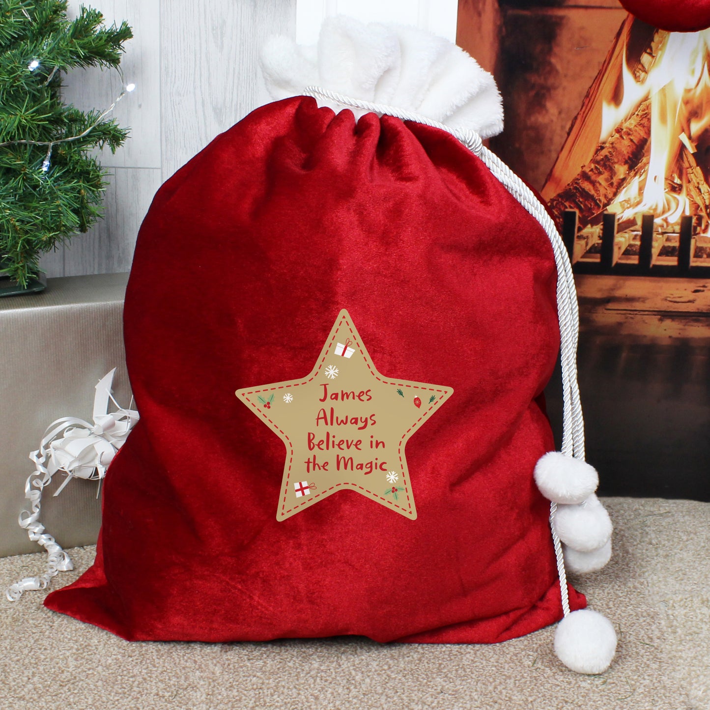 Personalised Free Text Star Luxury Pom Pom Red Sack