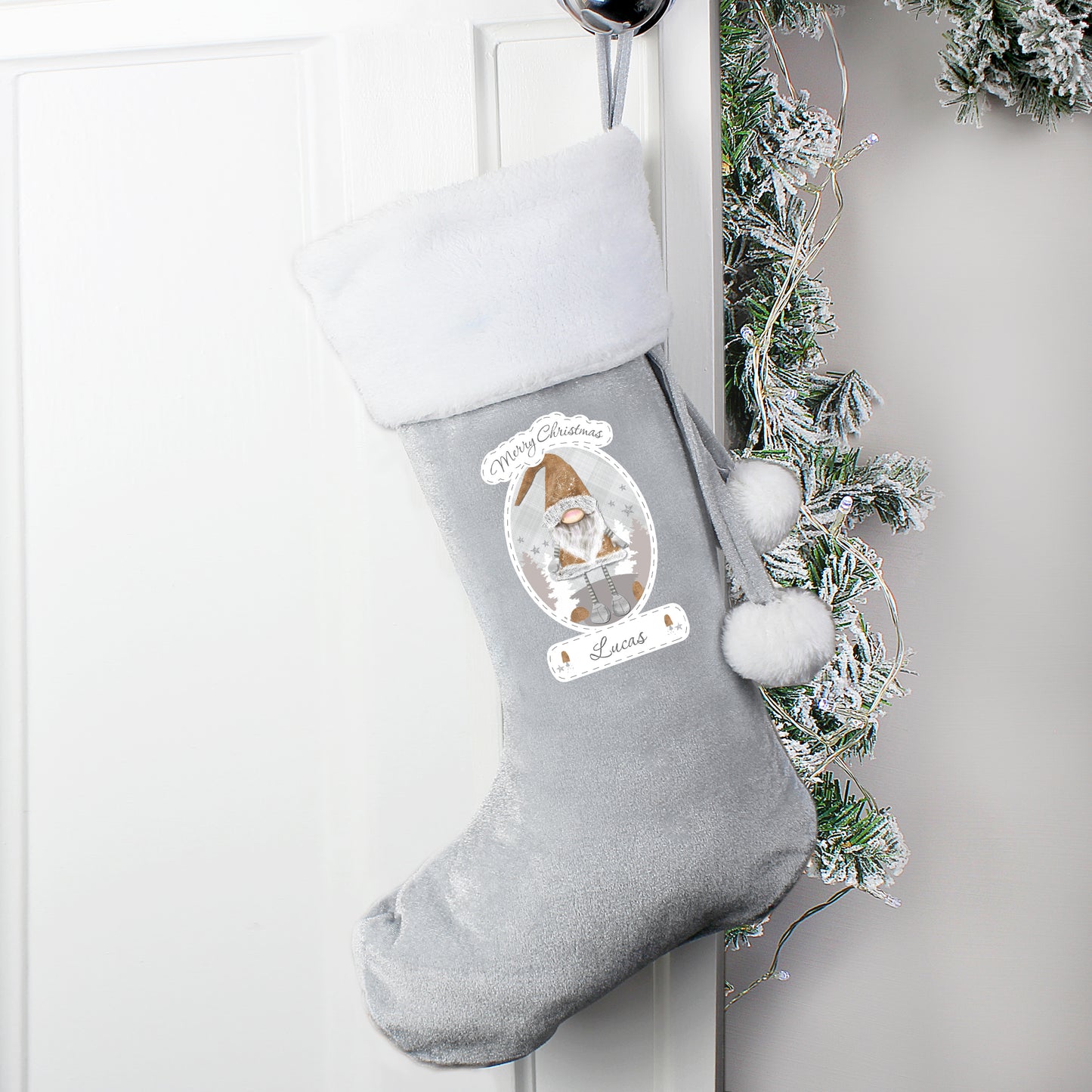 Personalised Christmas Gonk Silver Grey Stocking