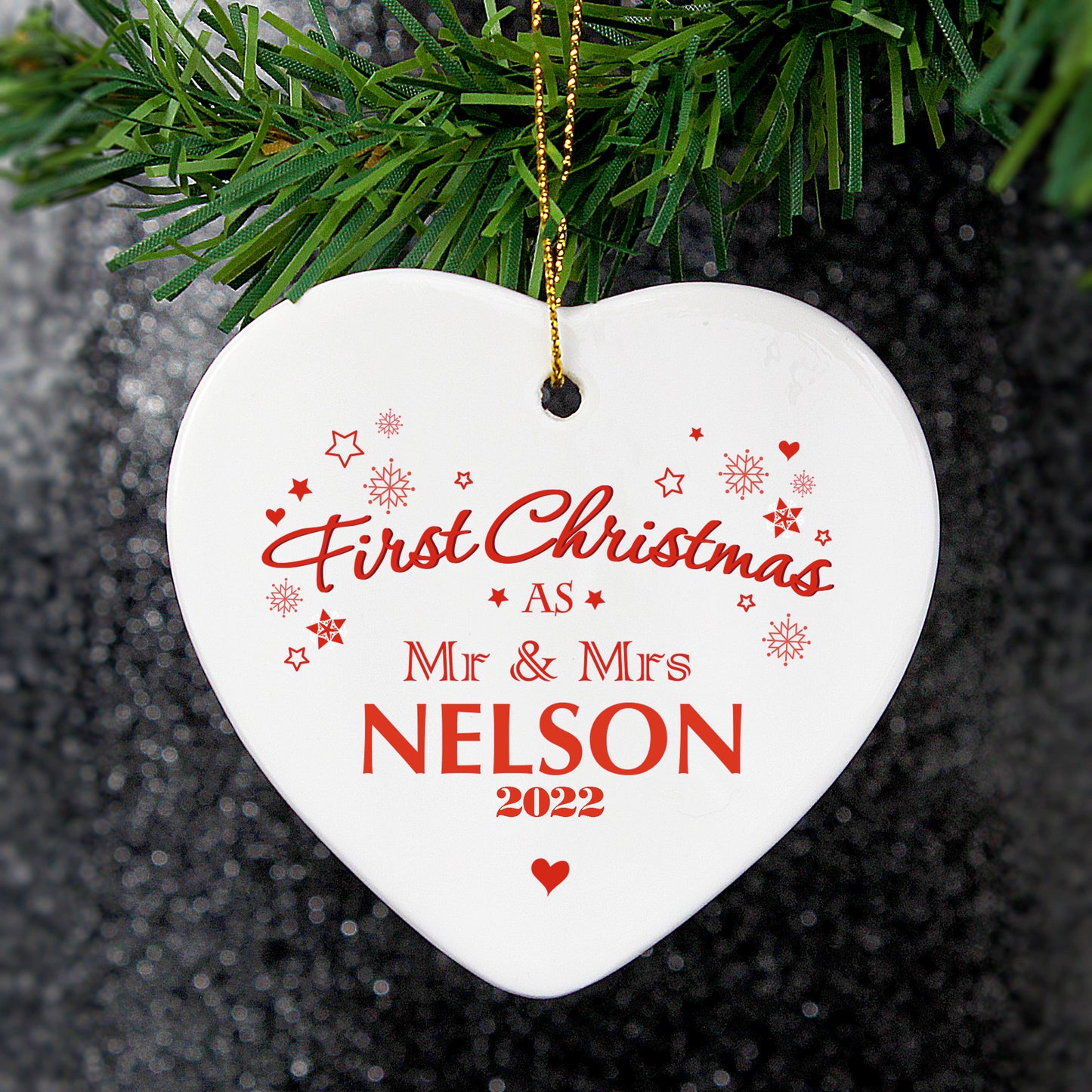 Personalised 'Our First Christmas' Ceramic Heart Decoration