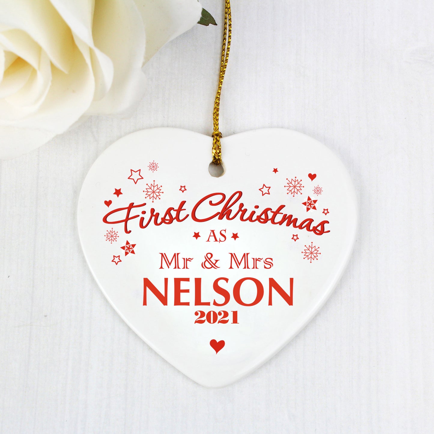 Personalised 'Our First Christmas' Ceramic Heart Decoration