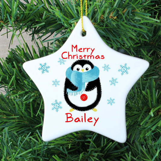 Personalised Felt Stitch Penguin Ceramic Star Decoration