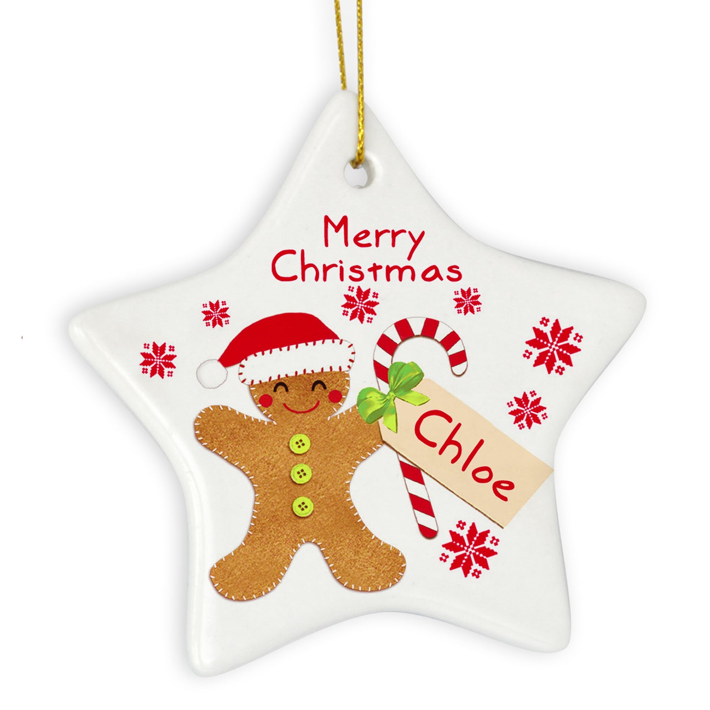 Personalised Felt Stitch Gingerbread Man Ceramic Star Decoration