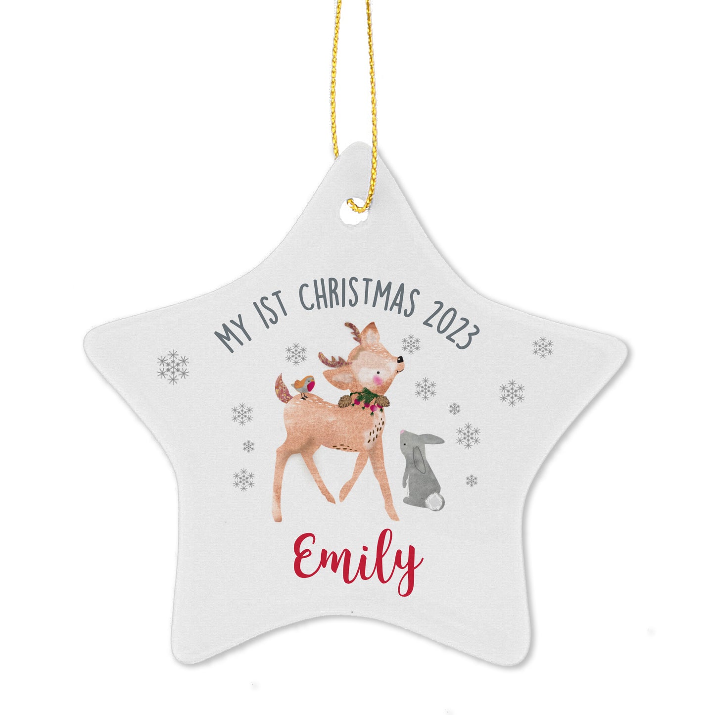 Personalised 1st Christmas Festive Fawn Ceramic Star Decoration