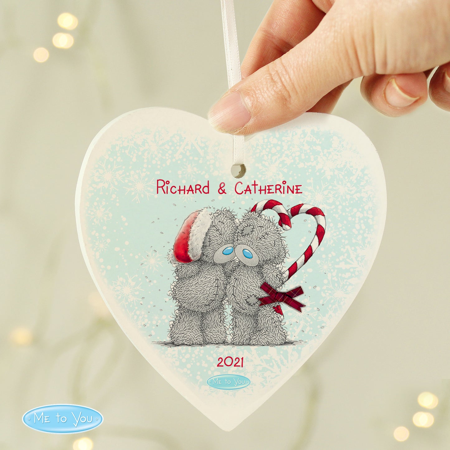 Personalised Me To You Couple Christmas Wooden Heart Decoration