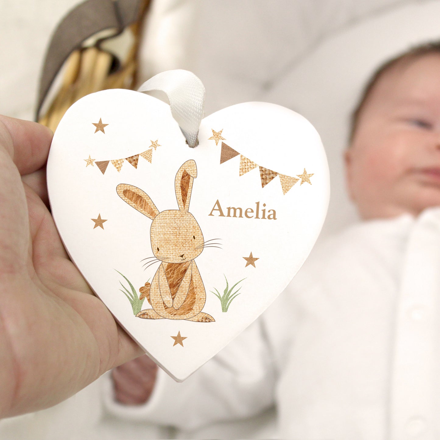 Personalised Hessian Rabbit Wooden Heart Decoration