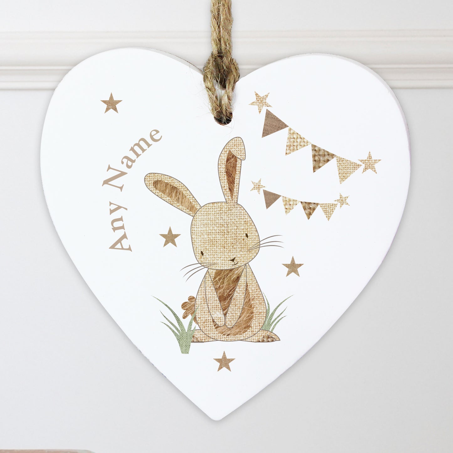 Personalised Hessian Rabbit Wooden Heart Decoration