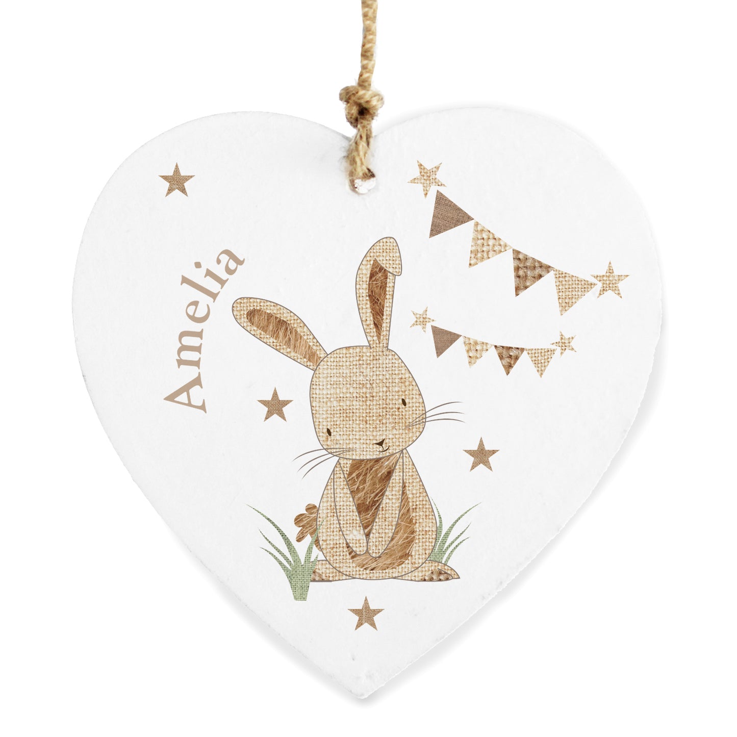 Personalised Hessian Rabbit Wooden Heart Decoration