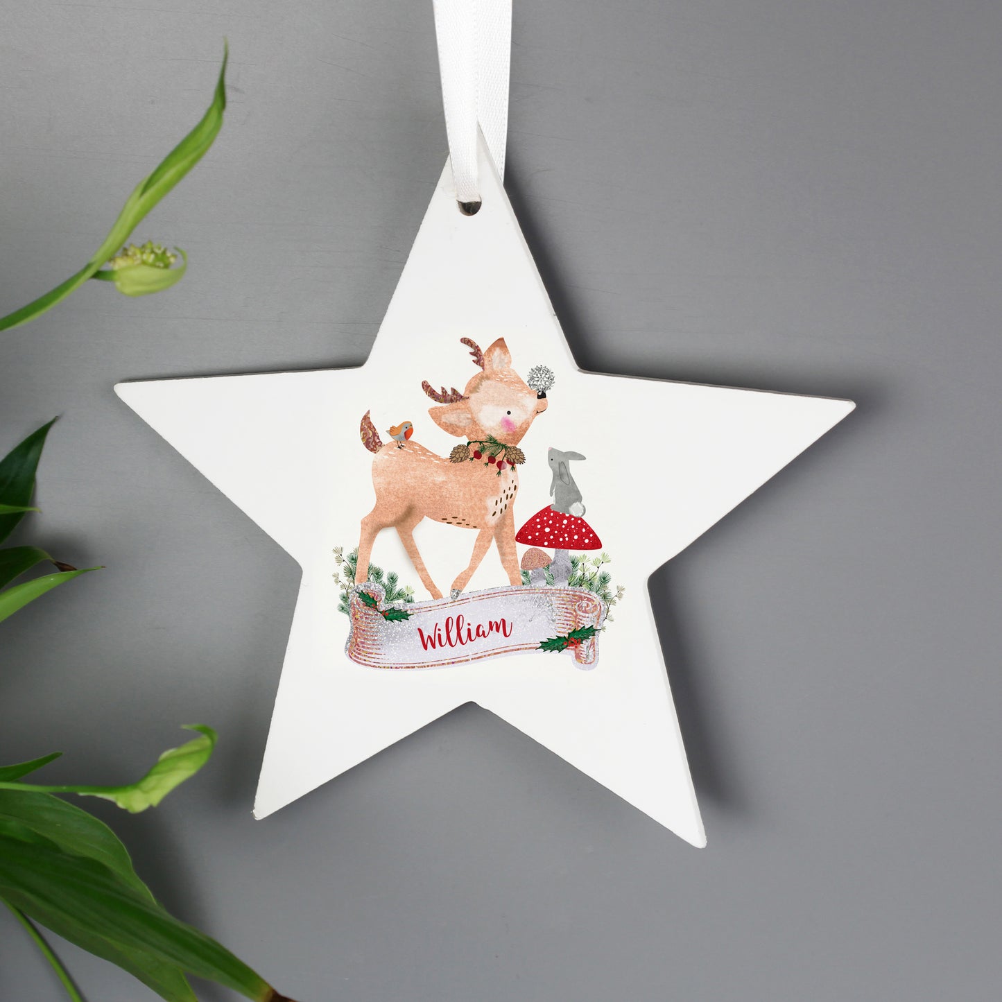 Personalised Festive Fawn Wooden Star Decoration