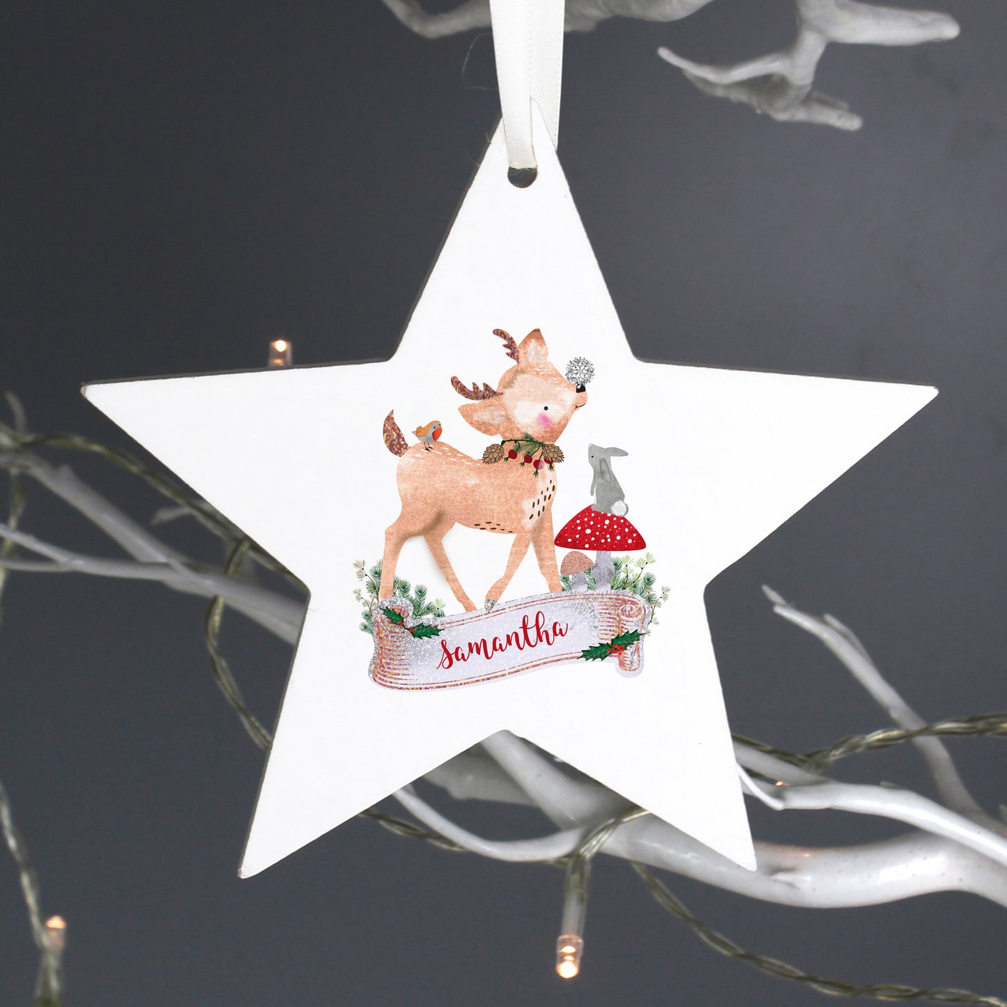 Personalised Festive Fawn Wooden Star Decoration