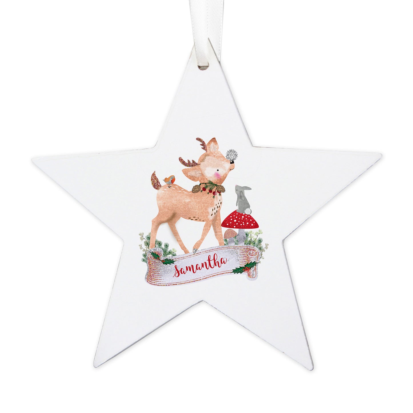 Personalised Festive Fawn Wooden Star Decoration