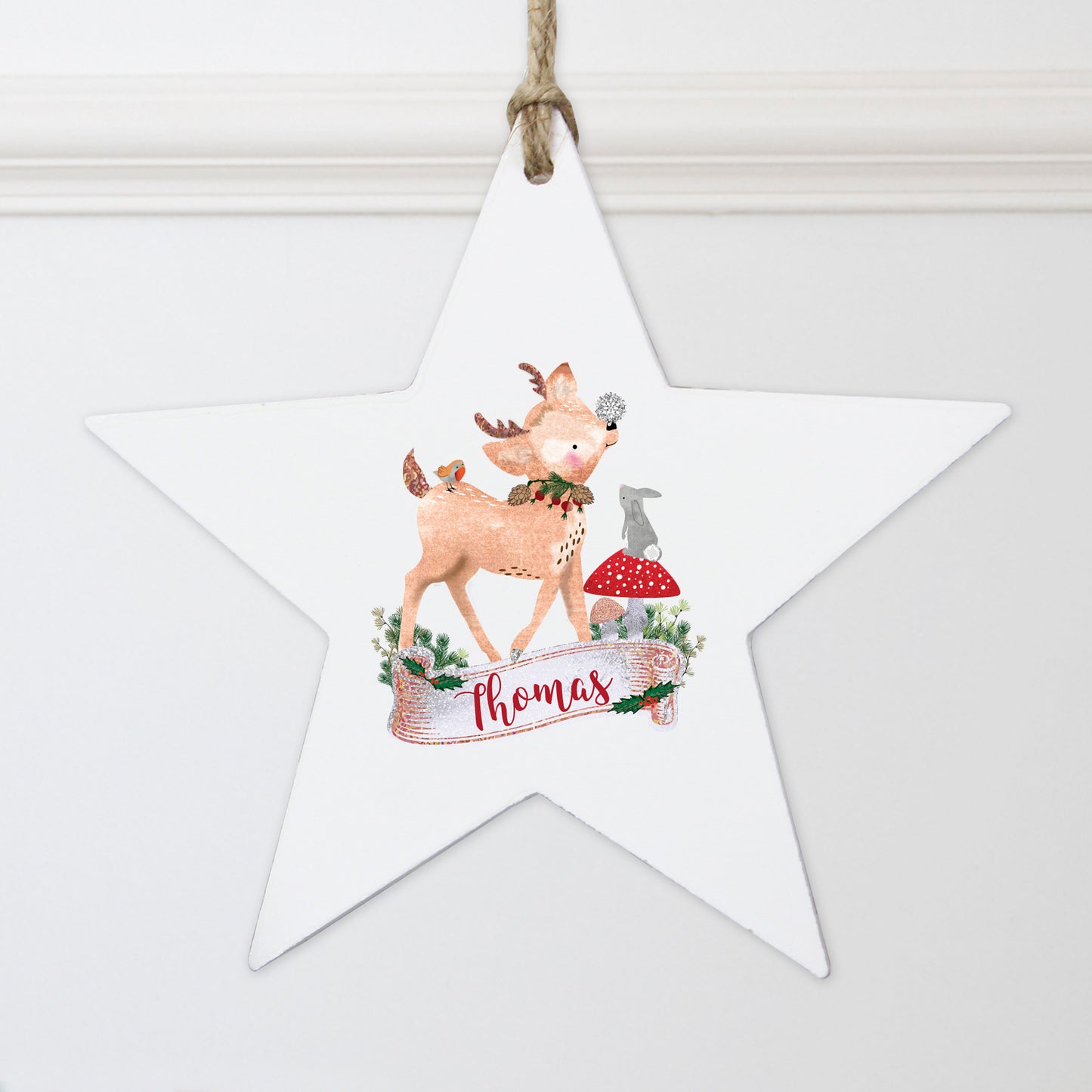 Personalised Festive Fawn Wooden Star Decoration