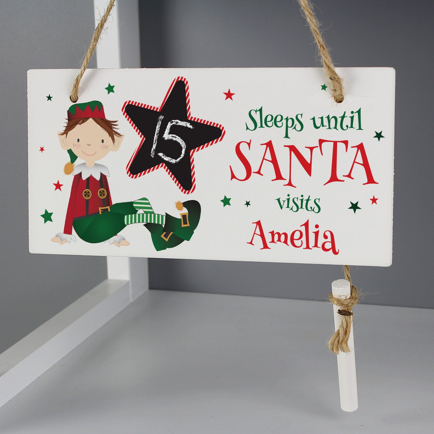 Personalised Elf Christmas Chalk Countdown Wooden Sign