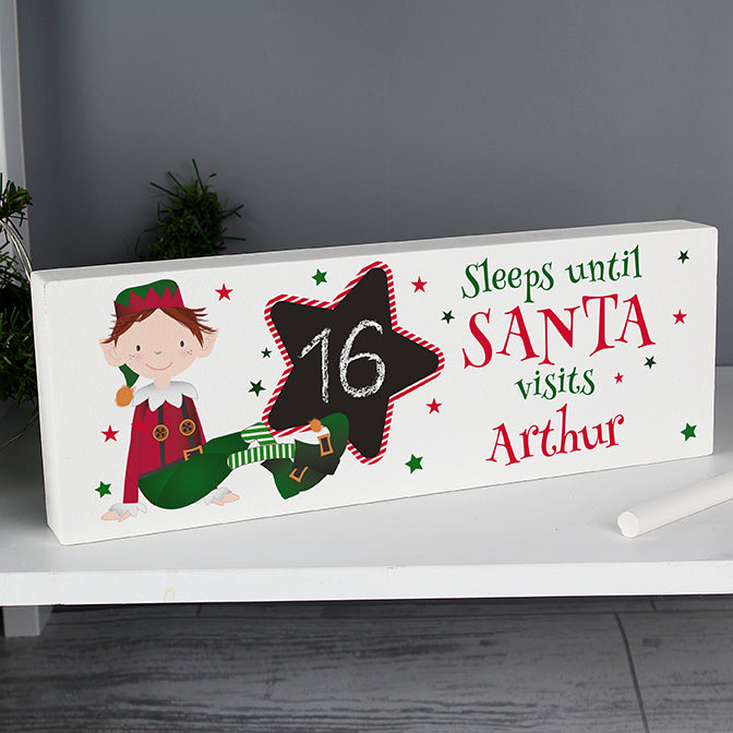 Personalised Elf Christmas Chalk Countdown Wooden Sign