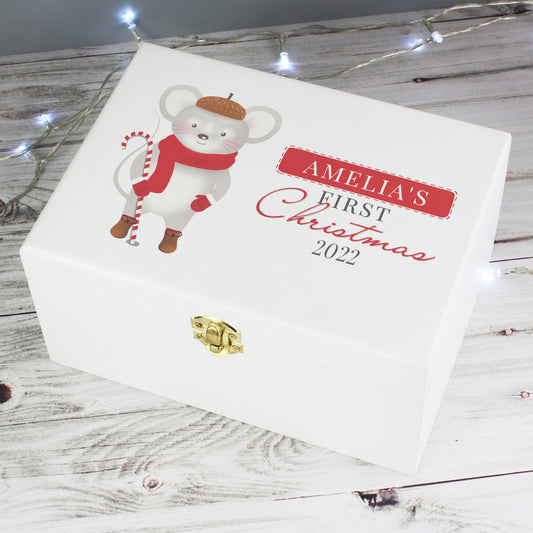 Personalised '1st Christmas' Mouse White Wooden Keepsake Box