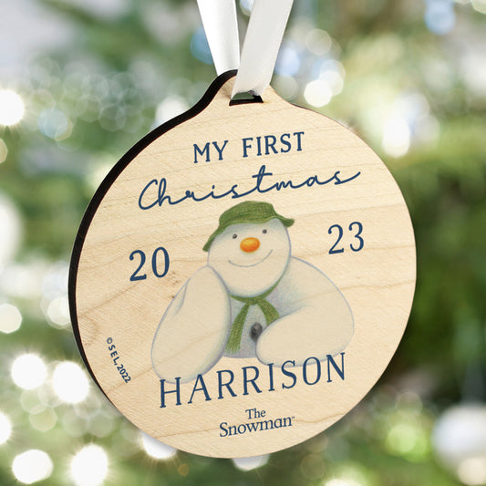 Personalised The Snowman My First Christmas Round Wooden Decoration